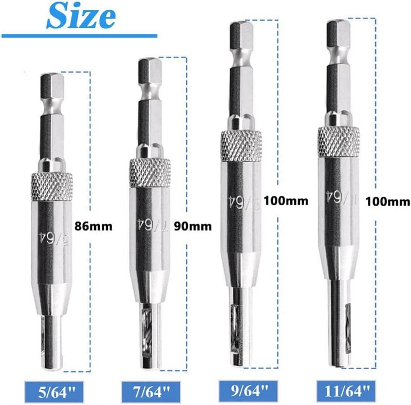 كيلا مجموعة لقم ثقب مفصلات ذاتية التمركز للأبواب والنوافذ والخزائن، أداة حفر لثقب المفصلات المركزية - 2 مم، 2.8 مم، 3.5 مم، 4.5 مم، 4 قطع - Image 2